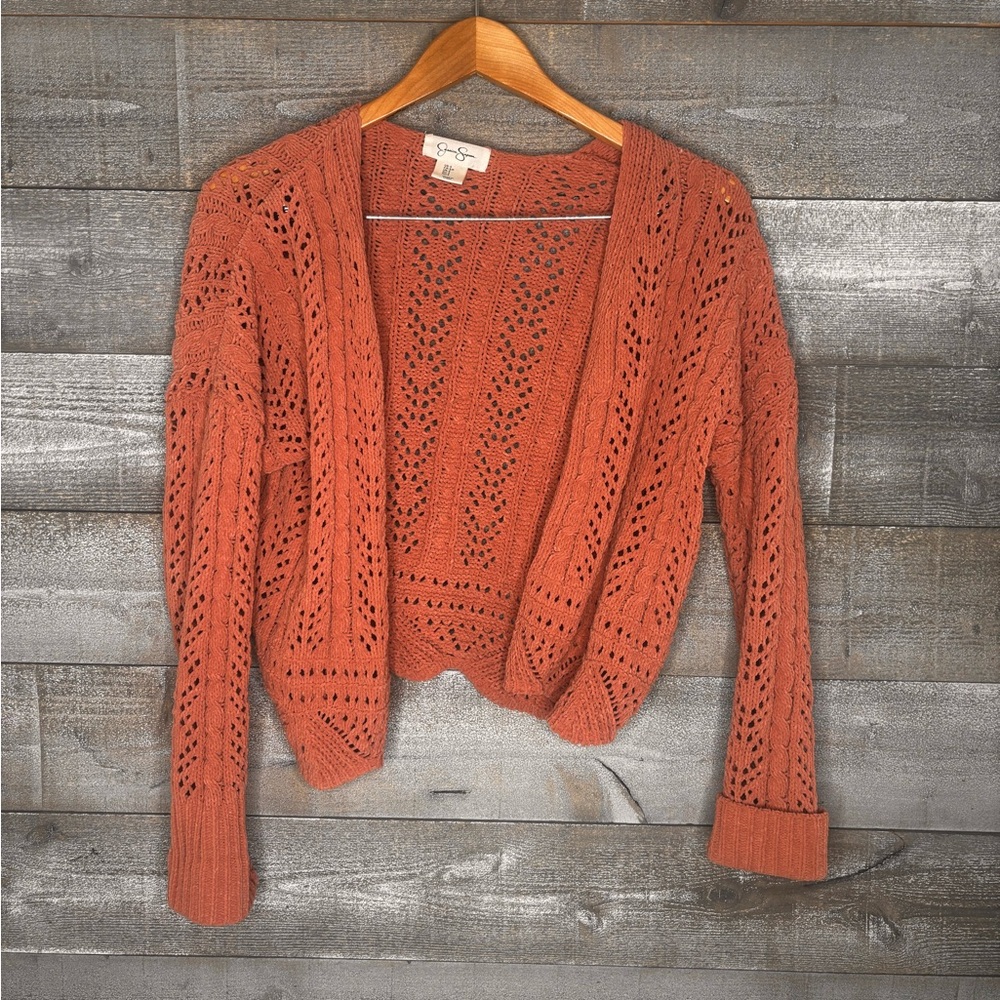 Jessica Simpson pink crochet Open Knit Cardigan Sweater